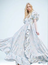 Bubble Sleeve Colorful Printing Lotus Leaf Maxi Dress